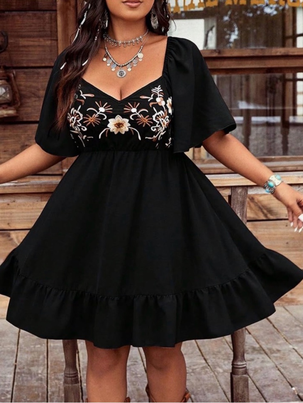 Black Floral Embroidered V-Neck Sundress